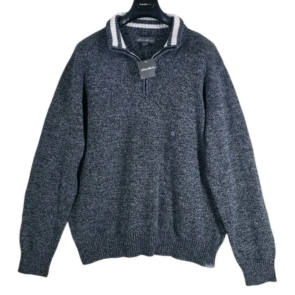 Eddie Bauer Cotton Rag 1/4 Zip Knit Sweater Mens XL Black White Pullover NWT